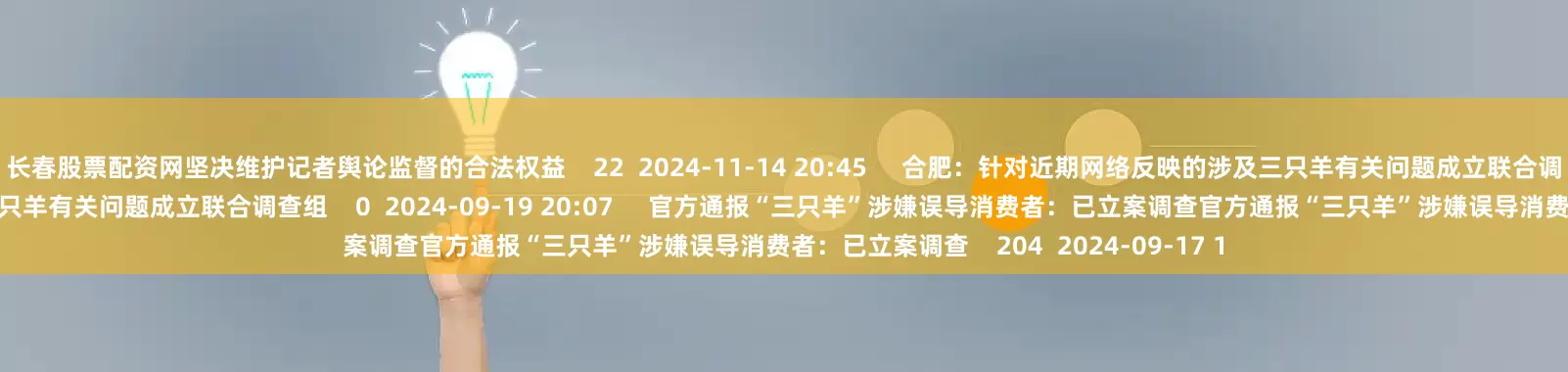 长春股票配资网坚决维护记者舆论监督的合法权益    22  2024-11-14 20:45     合肥：针对近期网络反映的涉及三只羊有关问题成立联合调查组合肥：针对近期网络反映的涉及三只羊有关问题成立联合调查组    0  2024-09-19 20:07     官方通报“三只羊”涉嫌误导消费者：已立案调查官方通报“三只羊”涉嫌误导消费者：已立案调查    204  2024-09-17 1